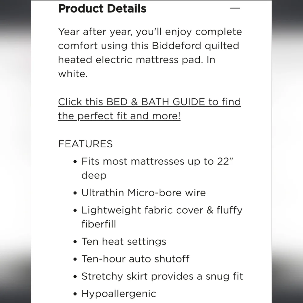 Biddeford Quilted Heated electric mattress pad